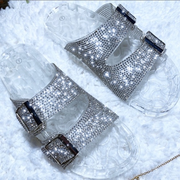 Wild Diva Shoes - Clear PVC Jelly Rhinestone Embellished Slides